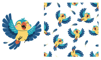Vector set for product print, print and seamless pattern. Cute happy parrot and feathers on white background. Seamless vector pattern . Vector illustration