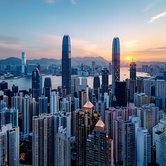 Fototapeta premium Close-up of a city skyline at sunrise, more clarity with clear light and sharp focus, high detailed