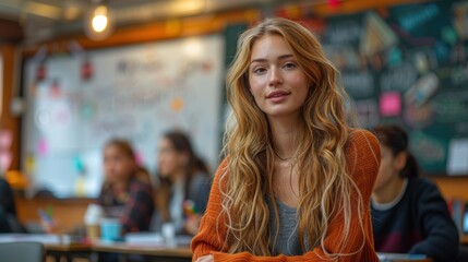 Obraz premium Professional Teacher Guiding Students in Classroom with Warm Evening Light and Copy Space, Using Golden Ratio Technique