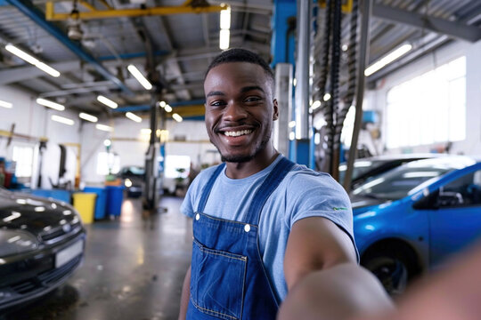 Good quality service adverticement advert concept. African American car auto mechanic professional taking a selfie on smartphone smiling in car repair shop workshop