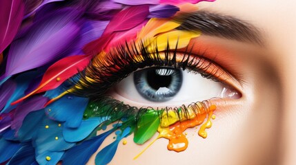 Woman's eyes with multi-colored iridescent pupils stand out against a clean white background. 