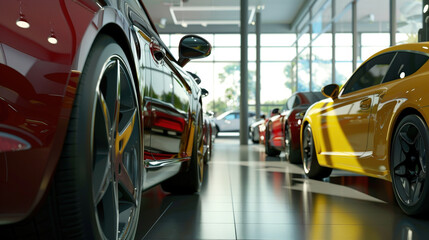 Obraz premium Sports Cars in Various Colors Parked in Modern Showroom