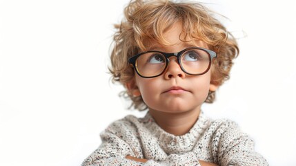 A curious child wearing glasses appears lost in thought indoors