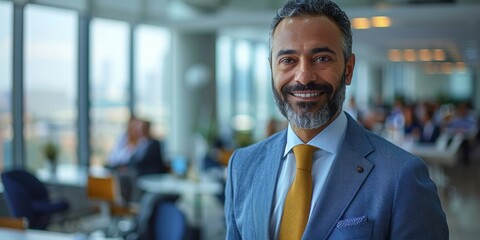 Naklejka premium Businessman poses confidently in a contemporary office with skyline view