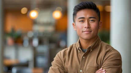 Fototapeta premium A young man with a confident expression stands in a bustling café setting