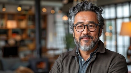 Fototapeta premium A smiling man with glasses and a beard stands confidently in a warm café interior