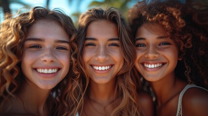 Fototapeta premium Three friends enjoy their time on the beach, smiling and embracing their friendship under the sun