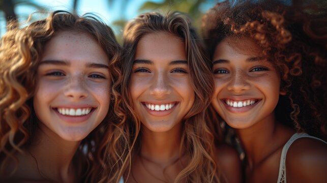 Three friends enjoy their time on the beach, smiling and embracing their friendship under the sun