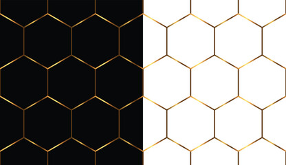 Seamless pattern, Gold honeycomb mesh on a white and black background. Vector illustration.