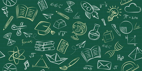 Chalk doodle school background. A seamless pattern of hand-drawn education icons sketched on a green chalkboard. Vector illustration for a back to school design, classroom poster, or presentation.