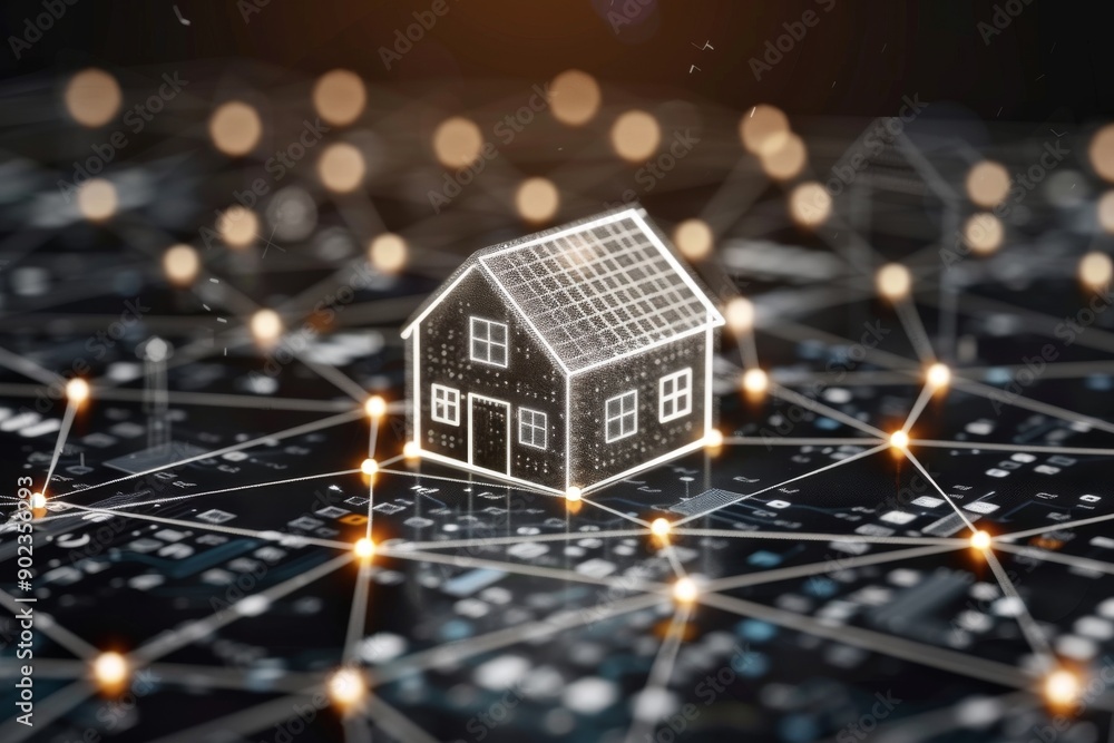 Poster small house surrounded by network connections emphasizing the integration of home and digital techno