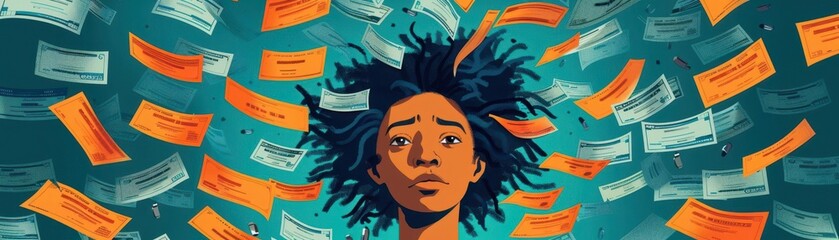 A young person surrounded by floating papers, expressing curiosity and contemplation in a vibrant, abstract setting.