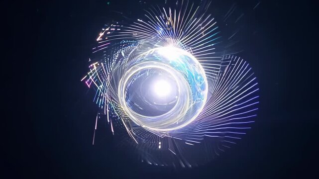 Glowing energy orb radiates intense blue-white light. Intricate light patterns burst outward in a spherical formation. Dark background accentuates the luminous, pulsating core.	