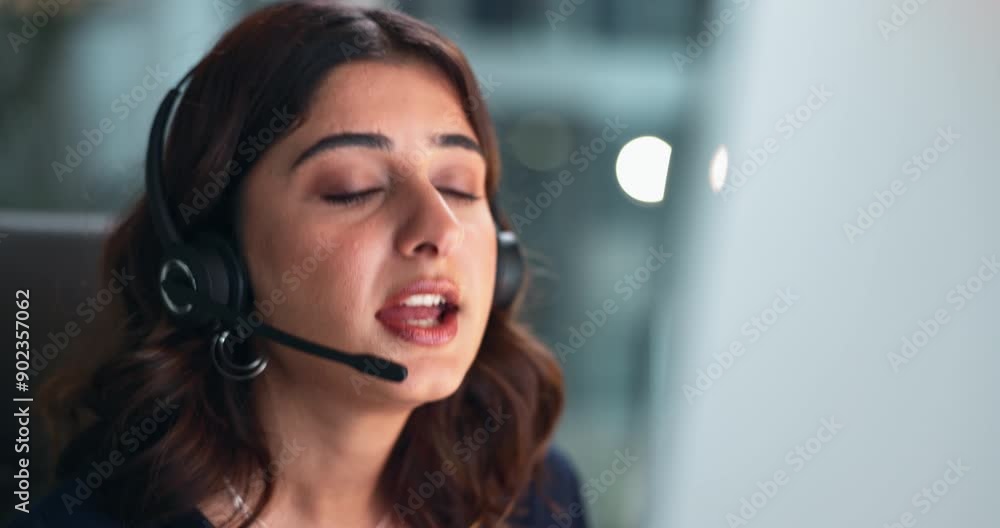 Poster call center, computer and smile with business woman in office at night for tech support or solution.