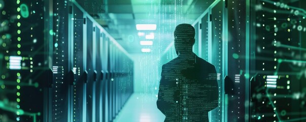 Silhouette of a person in a futuristic data center with digital elements overlay, representing technology and cybersecurity.