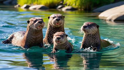 Playful Otter Family in a River