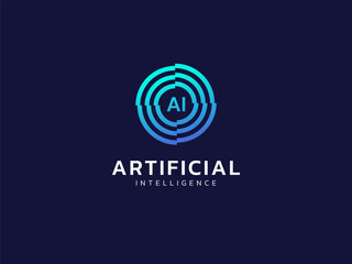 Artificial intelligence with letter AI in Circle Technology Analysis logo vector design concept. AI technology logotype symbol for advance technology, tech company, identity, robotic, innovation, ui.