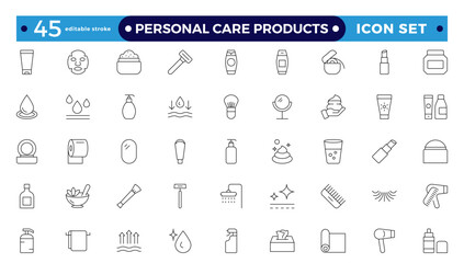 outline icons related to personal care products. Linear icon collection. Moisture cream, acid, anti-wrinkle serum, ceramide, collagen, retinol compound, sunscreen. Editable stroke outline icon.
