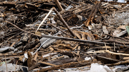 Wooden debris of a destroyed house. 