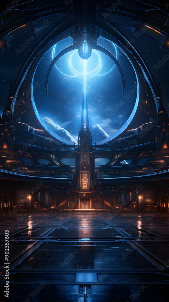Poster a futuristic, symmetrical room with a large, glowing orb in the center and a view of a snowy mountai