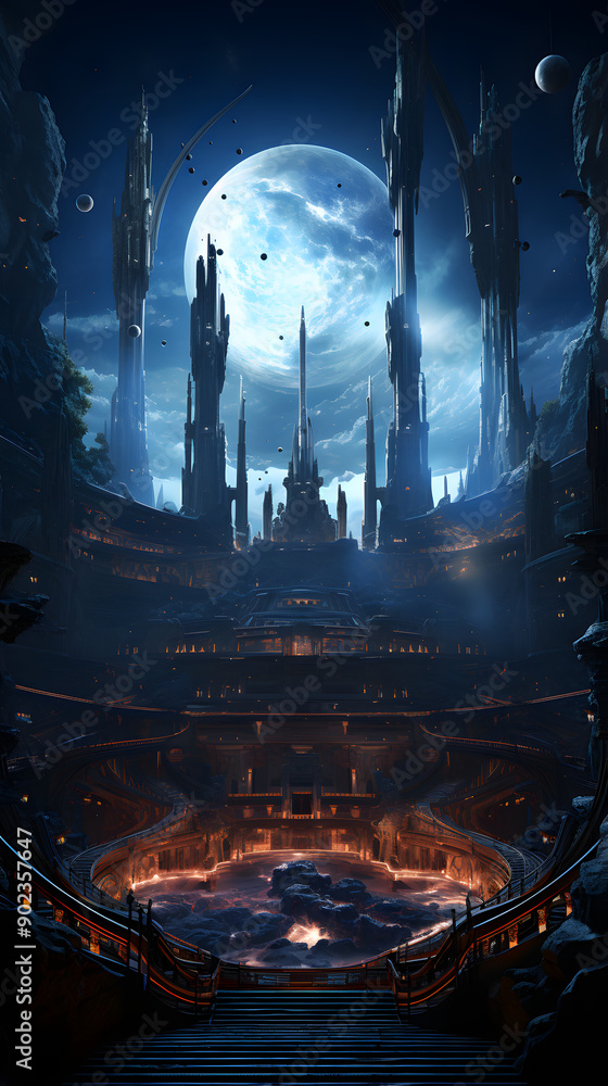 Poster a futuristic cityscape under a giant moon with glowing architecture and a circular pool of water in 