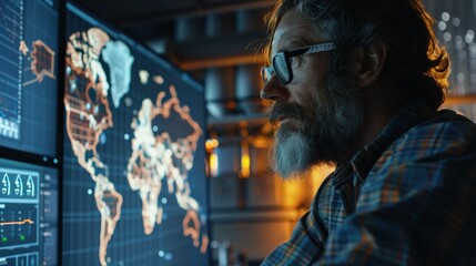 Fototapeta premium Man analyzes global data on multiple monitors in a dimly lit control room, focusing on world map visualizations and graphs.
