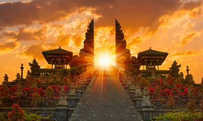 Pura Besakih temple on the slopes of Mount Agung largest and holiest temple at sunset - Bali,...