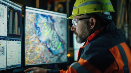 Engineer using computer for geological analysis and mapping. Wearing safety helmet and orange hi-vis jacket in control room.