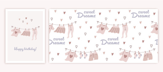 Baby birthday party elements set. Cute childrens card and seamless pattern in flat trendy style. Collection vector illustrations in cartoon design.
