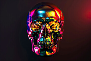 Skull with colorful neon light on dark background. 3d illustration.