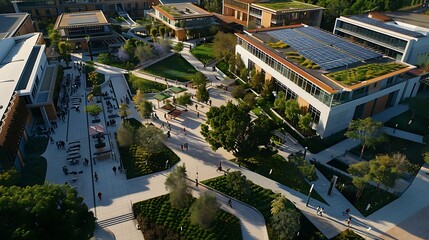 Fototapeta premium Stunning aerial perspective of a modern school campus demonstrating eco friendly design, solar energy features, green rooftops, and students walking through scenic landscaped pathways