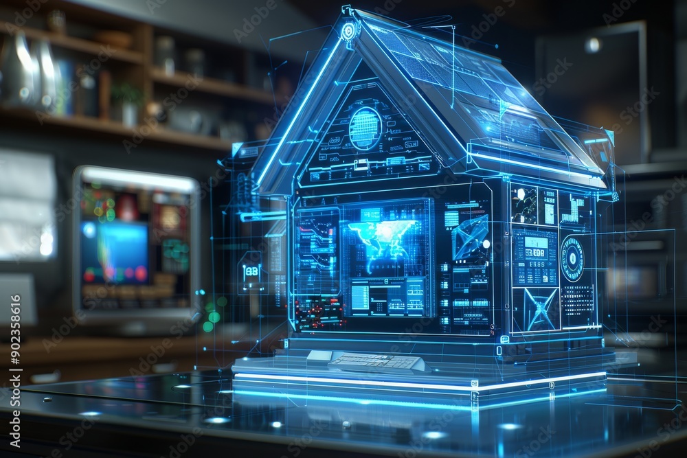 Poster digital house with screens representing the fusion of home and advanced technology in a high tech vi