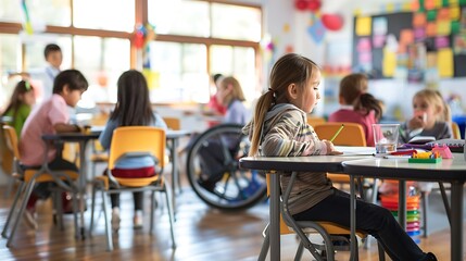 Inclusive Classroom with Diverse Students Learning Together Using Adaptive Tools and Sign Language Communication