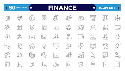Finance icon set. Containing loans, cash, savings, financial goals, profit, budgets, mutual funds, earning money, and revenue icons. Editable stroke outline icon.