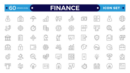 Finance icon set. Containing loans, cash, savings, financial goals, profit, budgets, mutual funds, earning money, and revenue icons. Editable stroke outline icon.
