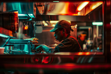 Fast food restaurant busy hours with customers and workers, waitress and customer service men and women attending customers with smile, serving food and taking orders at a busy time, people enjoying