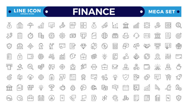 Finance icon set. Containing loans, cash, savings, financial goals, profit, budgets, mutual funds, earning money, and revenue icons. Editable stroke outline icon.