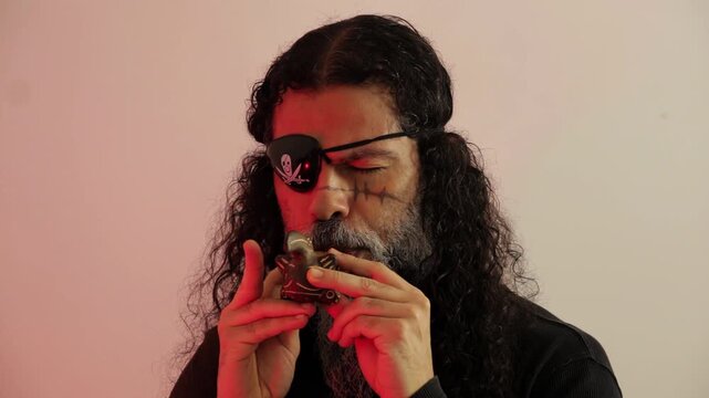 Long haired man with pirate eye patch playing the ocarina