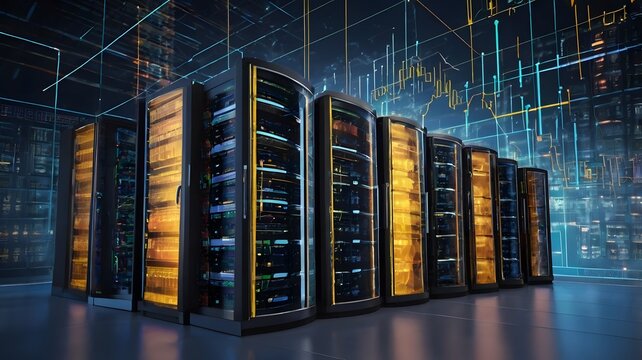 Data analysis concept. Data Analysis for website, mobile website. Big data flow processing concept, cloud database, web hosting, server room. Cloud storage, digital service app with data transfering