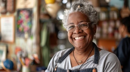 Obraz premium Smiling woman with gray hair and glasses in cozy environment, representing joy and warmth in daily life.