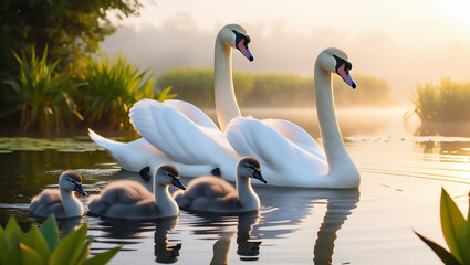 Obraz premium Graceful Swan Family in a Pond