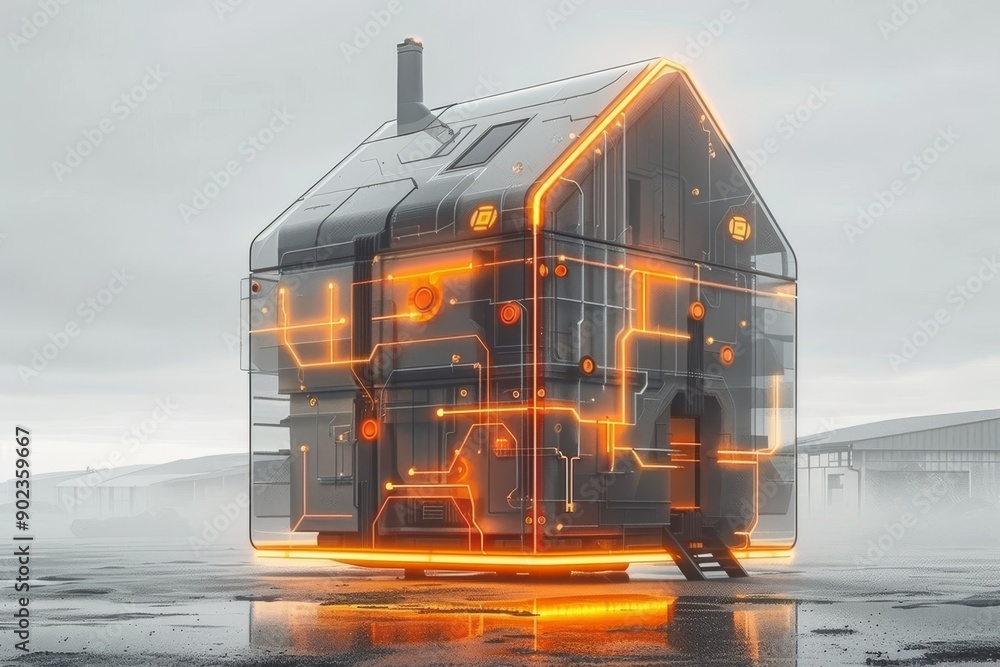 Poster transparent house with digital circuits symbolizing the integration of home and technology in a futu