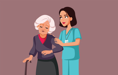 Medical Caregiver Together with an Elderly Woman Vector Illustration. Caretaker smiling helping a senior female patient 
