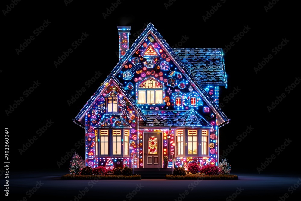 Poster festive house with colorful lights highlighting the integration of home and digital elements in a vi