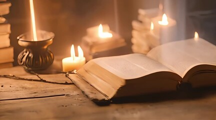 An open Bible on an old wooden table, surrounded by candles and other books of the Bible, symbolizing spiritual growth through reading God's word.
