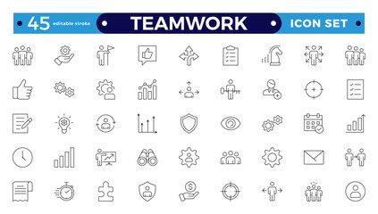 Outline icons related to management, administration, supervision, leadership, business, and governance. Linear icon collection. Teamwork icon collection. Editable stroke outline icon.
