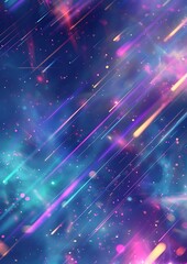 Fototapeta premium A surreal cosmic abstract effect with a gradient background of deep blues to light purples, interspersed with vibrant neon streaks and softly glowing particles, 