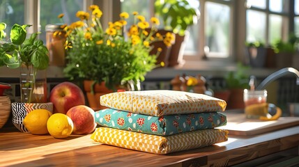 Reusable beeswax food wrap set, colorful patterns on kitchen counter,  more clarity with clear light and sharp focus , high detailed ,