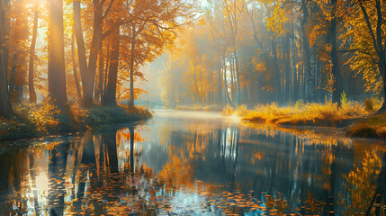 Autumn landscape at colorful lake with yellow leaf trees, Colorful trees and fall landscape in deep forest, Lake scenery of autumn in nature, reflection scene in lake landscape in beautiful nature