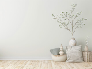 Zen interiors design composition with minimal furniture and ornaments. Residential property interiors with natural lighting and copyspace.